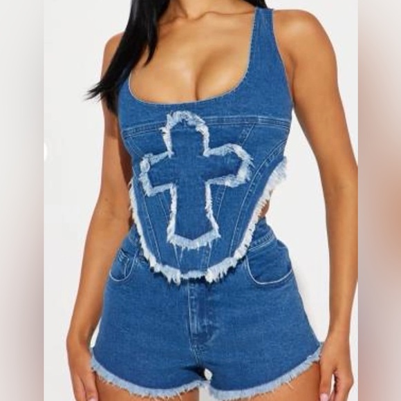 Tops - Denim Corset Top Frayed Edge Cross Crop Size Small